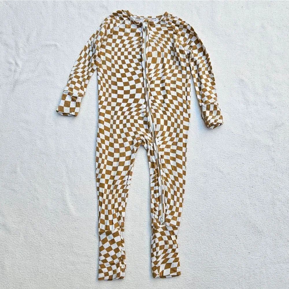 Brixton Phoenix Cream and Brown Wavy Checker Bamboo Zip Romper 12-18M